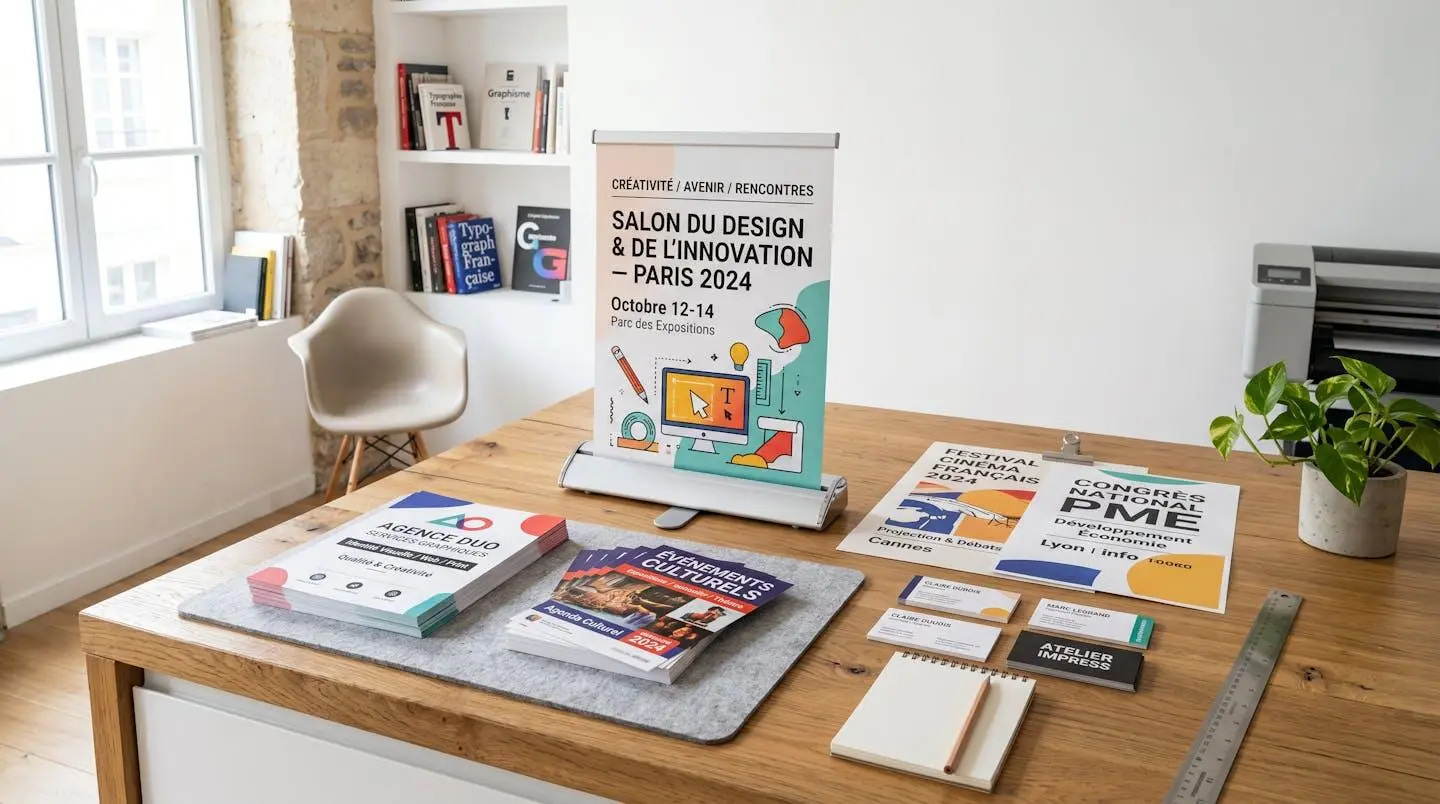 Comptoir d'agence d'impression présentant une sélection de supports de communication professionnels variés : piles de flyers couleur, roll-up déployé, échantillons d'affiches grand format et cartes de visite, dans un environnement contemporain lumineux